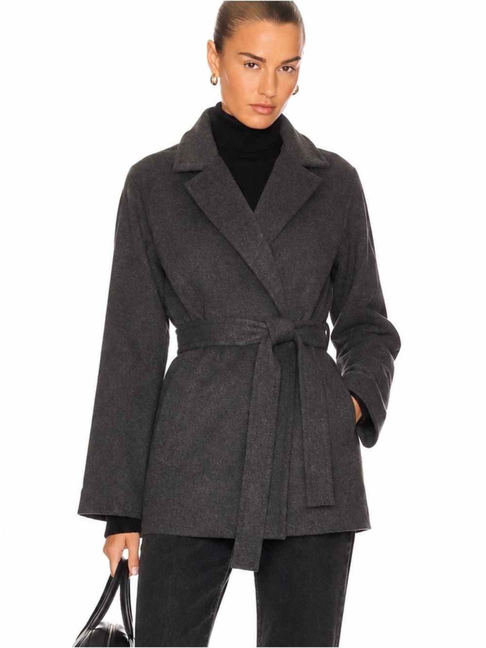 Charcoal Wrap Belted Wool-Blend Coat